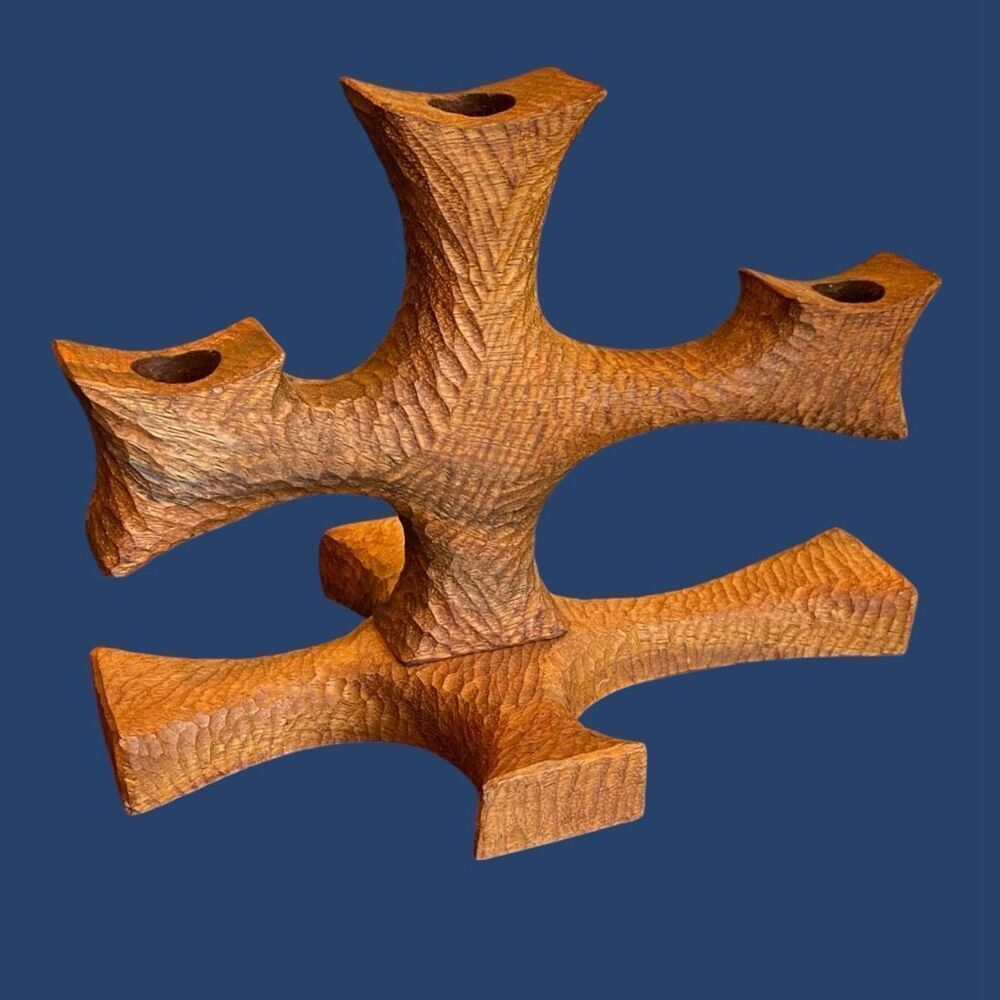 Vintage Don Shoemaker for Senal Hand Carved Candelabra Wooden Mexico RARE HTF